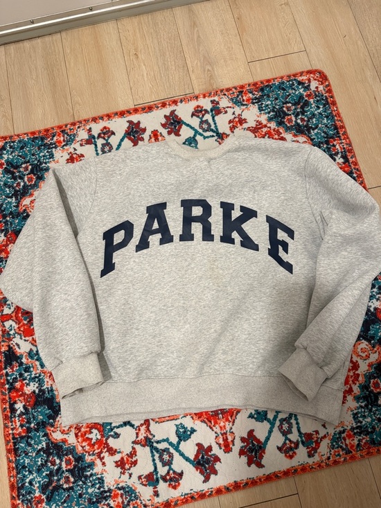 Parke Tops - Parker Gray Crewneck Sweatshirt with Navy Lettering : stained